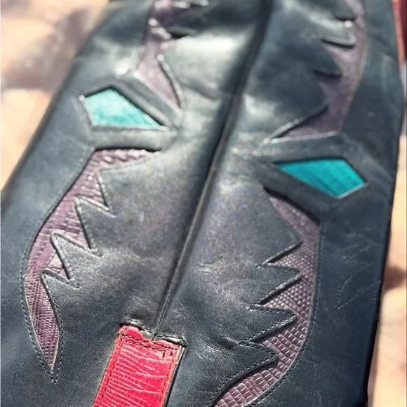 Vintage Red & Black Western Cowboy Boots w/ Teal Inlay – Women’s 8 - Picture 3 of 7